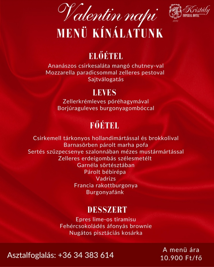 Valentin vacsora Tata 2025. Valentin-napi menü ajánlat a Esterházy Étteremben
