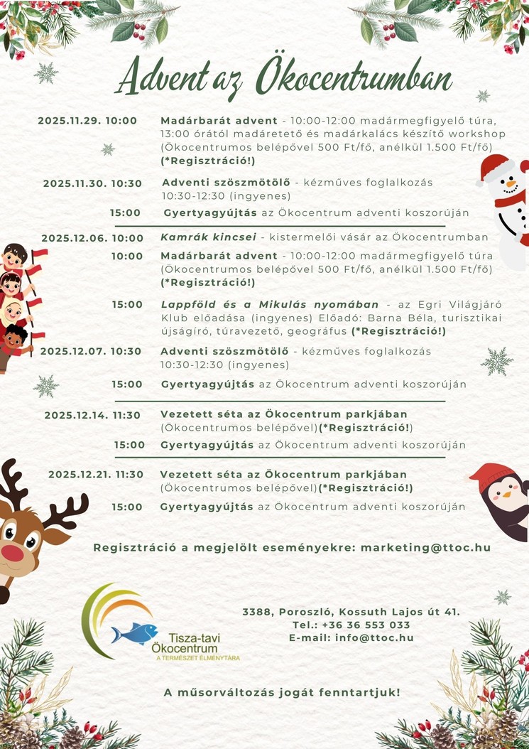 Advent Poroszlón 2025. Ünnepi programok a Tisza-tavi Ökocentrumban