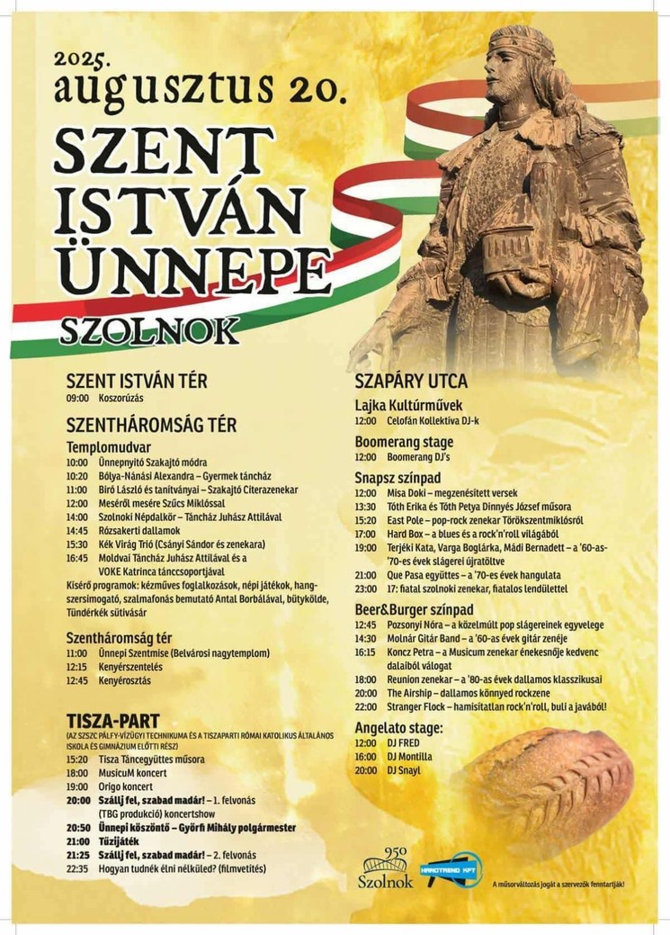 Szent István Napok Szolnok 2025. Ünnepi programok, események, rendezvények