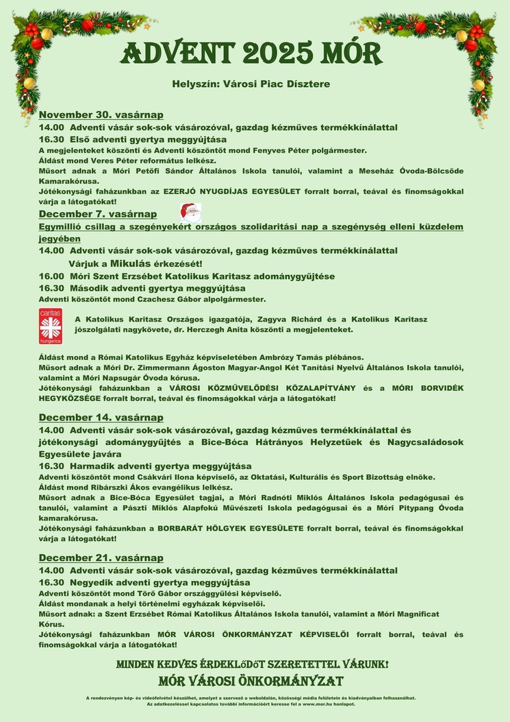 Adventi programok Mór 2025