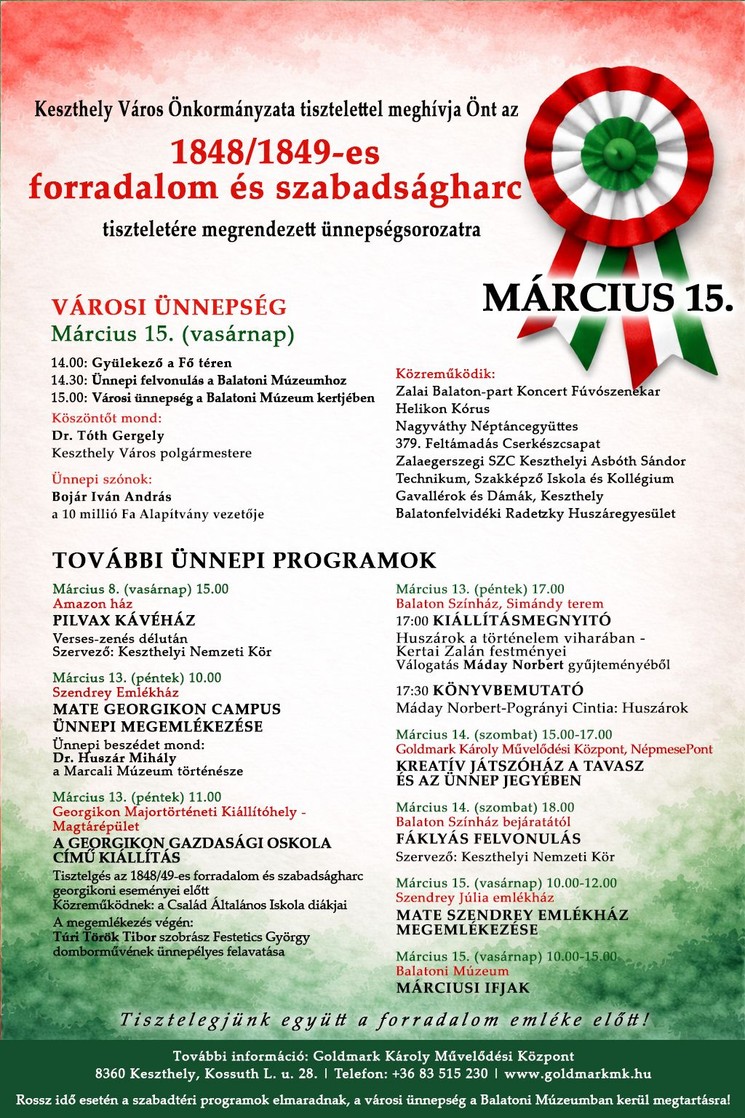 2026. március 15. Keszthely - Ünnepi programok az 1848-49-es forradalom és szabadságharc tiszteletére