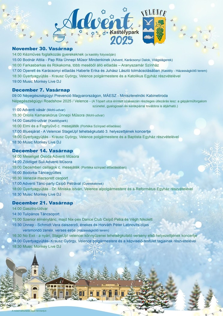 Advent Velence 2025. Ünnepi programok, események