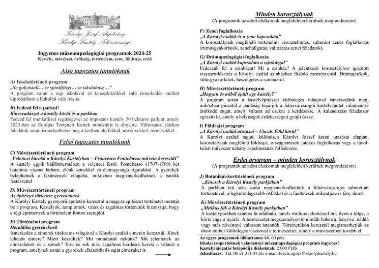 Múzeumpedagógiai foglalkozások a fehérvárcsurgói Károlyi Kastélyban