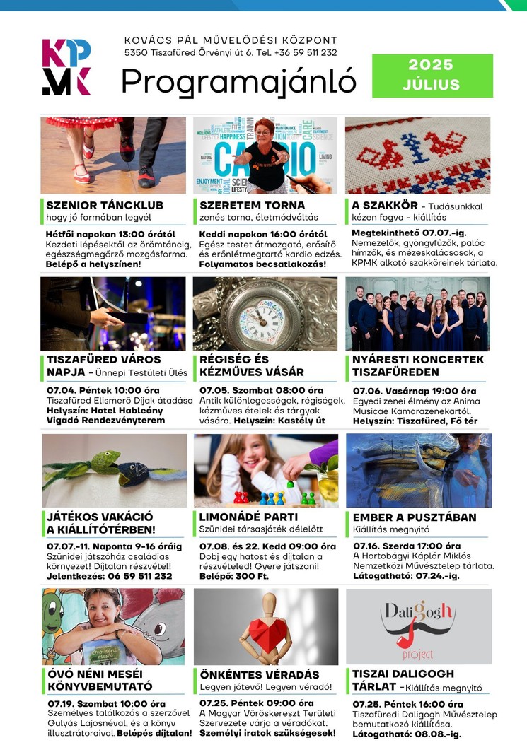 Kovács Pál Művelődési Központ programok 2025 Tiszafüred