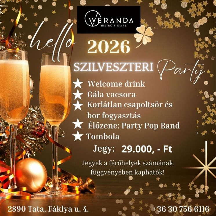 Szilveszteri party gálavacsorával és élőzenével Tatán, a Veranda Bistro & More-ban