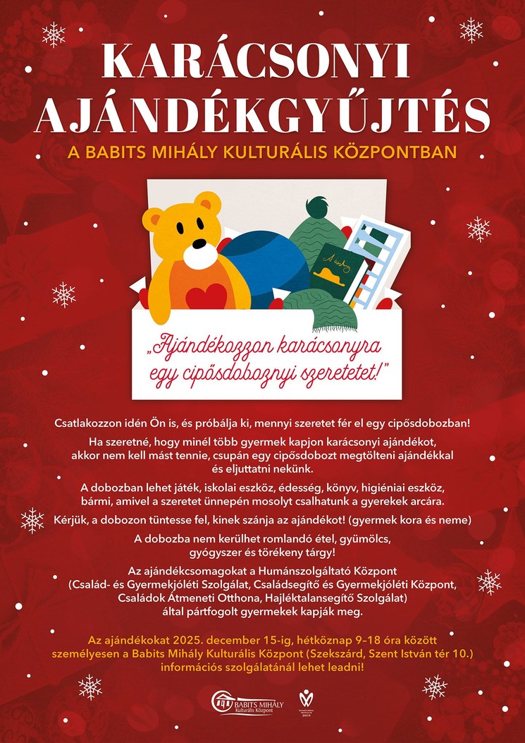 Karácsonyi ajándékgyűjtés Szekszárd 2025. Cipősdoboz akció a Babits Mihály Művelődési Központban