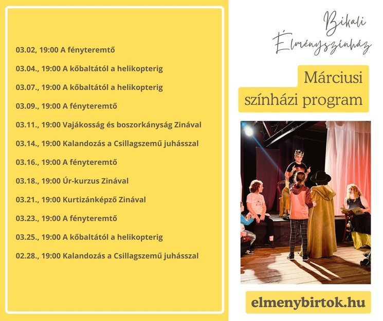 Bikali élményszínház előadások 2026 - Az Ágens Társulat és a Bikali Élményszínház produkciói