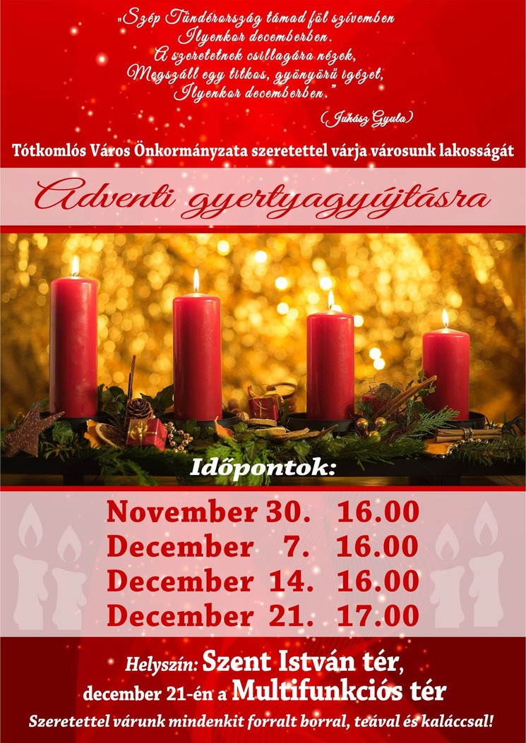 Tótkomlós Karácsony 2025. Adventi, karácsonyváró programok Tótkomlóson