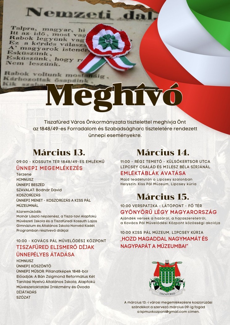 2026. március 15. Tiszafüred, ünnepi programok az 1848/49-es forradalom évfordulóján