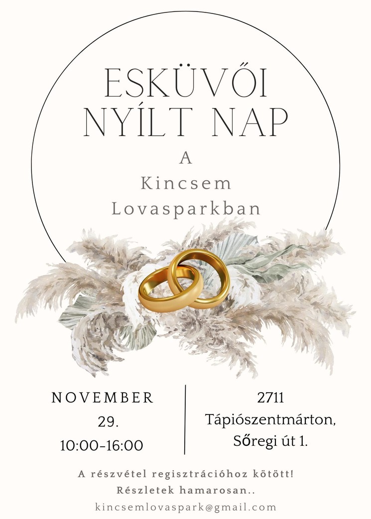 Esküvői nyílt nap 2025 Tápiószentmárton. Exkluzív szolgáltatók, legújabb trendek, inspiráló ötletek a Kincsem Lovasparkban