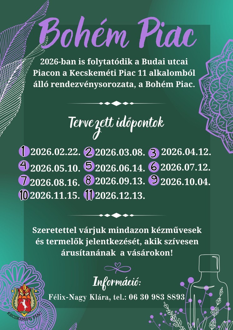 Bohém Piac Kecskemét 2026. Kézműves és termelői vásár