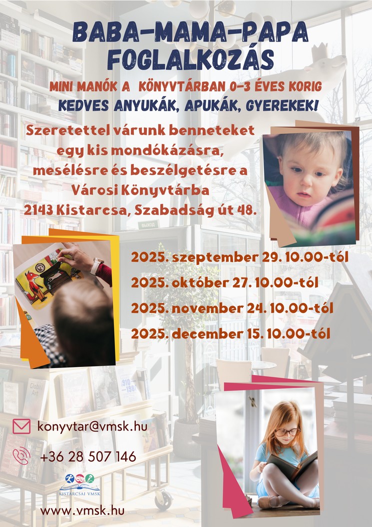 Baba-Mama Klub Kistarcsa 2025. Mondókázás, mesélés és beszélgetés a Városi Könyvtárban