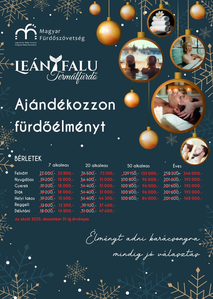 Fürdőbelépő ajándékba 2025 Leányfalu. Ajándékozz fürdőélményt karácsonyra!
