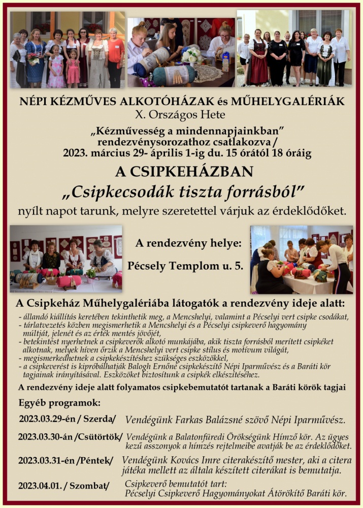 Pécselyi Csipkeház programok 2023