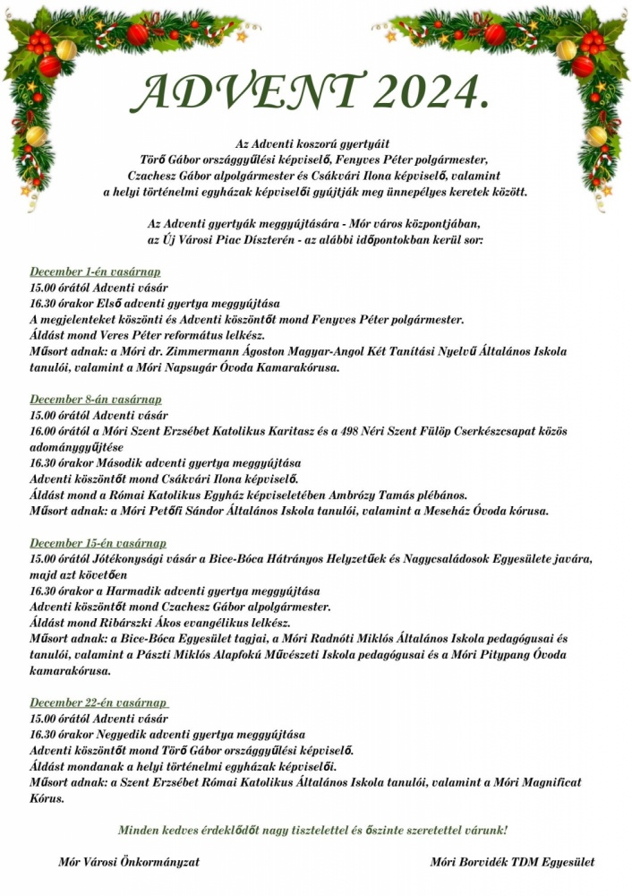 Adventi programok Mór 2024