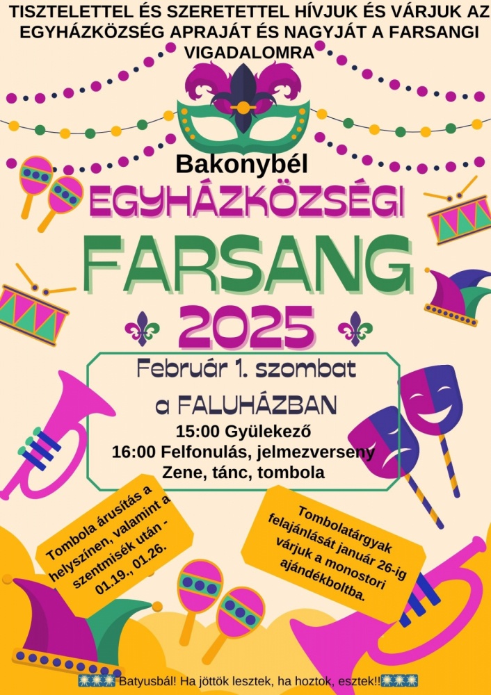 Bakonybél Farsang 2025. Egyházközségi farsang a Faluházban