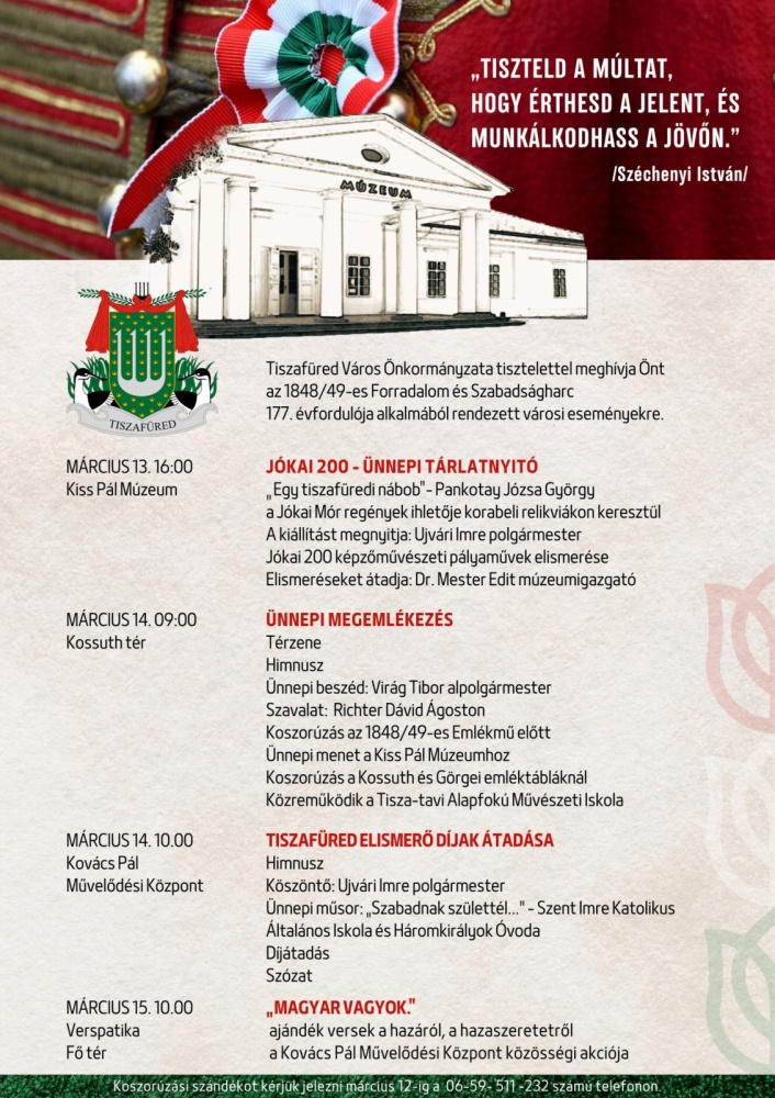 2025. március 15. Tiszafüred, ünnepi programok az 1848/49-es forradalom évfordulóján