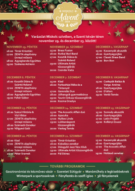 Miskolci Advent 2024. Ünnepi programok, események, rendezvények, varázslat Miskolc szívében