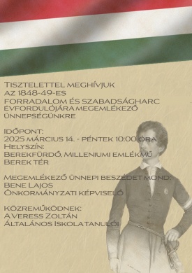 2025. március 15. Berekfürdő. Városi megemlékezés a Milleniumi emlékműnél
