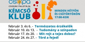 Kémcső Klub hétfőnként és csütörtökönként a Csodák Palotájában 2019 Kémcső Klub hétfőnként és csütörtökönként a Csodák Palotájában 2019
